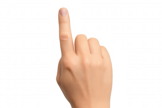 Female hand raising index finger, signaling attention and direction on clear background