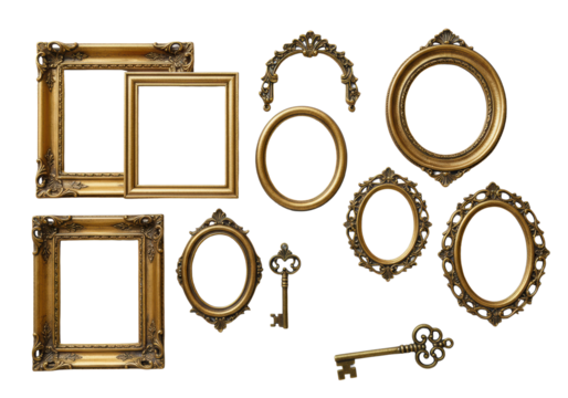 Elegant ornate vintage gold picture frames of various shapes with an antique key, perfectly isolated on a seamless transparent background, professional product photography concept of timeless elegance