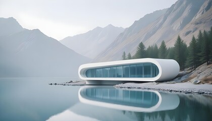 Modern lakeside house with mountain views reflected in the serene water.