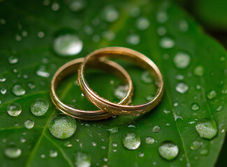A pair of golden beautiful wedding rings resting on the edge of an emerald green leaf, surrounded by water droplets