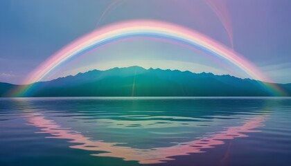 Rainbow over a serene lake with mountains in the background