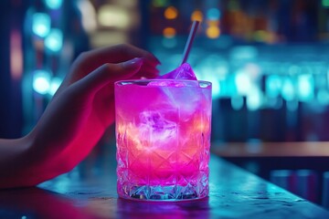 Person enjoying futuristic glowing cocktail