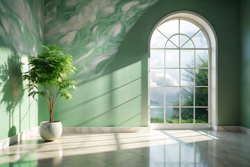 Sunlit room with a potted plant and arched window view