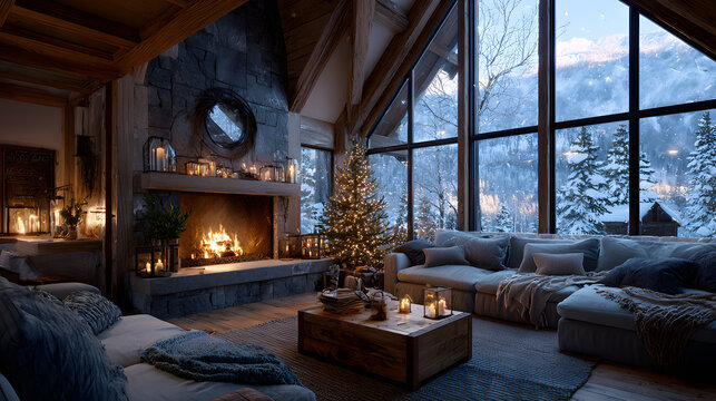 Cozy living toom interior with large windows and a freplace, winter christmas etting