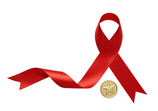Vibrant scarlet red satin ribbon in an elegant loop with a polished gold medal featuring a star, isolated on a seamless transparent background without shadows, celebrating achievement and luxury - Powered by Adobe