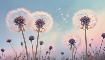 Dandelion seeds floating in a pastel sky
