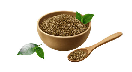 Wooden Bowl of Light Brown Grains with Wooden Spoon and Green Leaves on a Tan and Green Gradient Background: A Detailed Still Life Image Ideal for