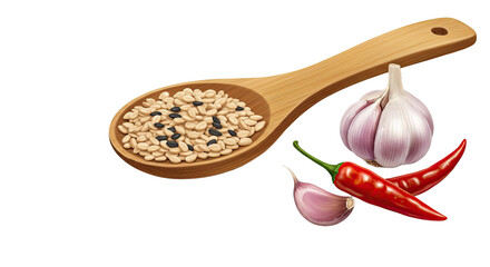Wooden Spoon Filled with Light Brown and Black Seeds Beside Red Chili Peppers and Garlic Cloves on a Tan Background, Culinary Still Life Photography