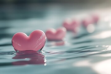 Fototapeta premium Serene Pink Hearts Floating on Tranquil Water Surface with Soft Lighting Effects