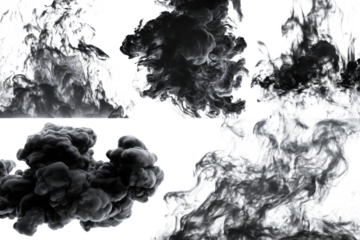 Black fire smoke transparent PNG set bundle, isolated white background. Burning, fiery clouds