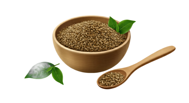 Wooden Bowl of Light Brown Grains with Wooden Spoon and Green Leaves on a Tan and Green Gradient Background: A Detailed Still Life Image Ideal for