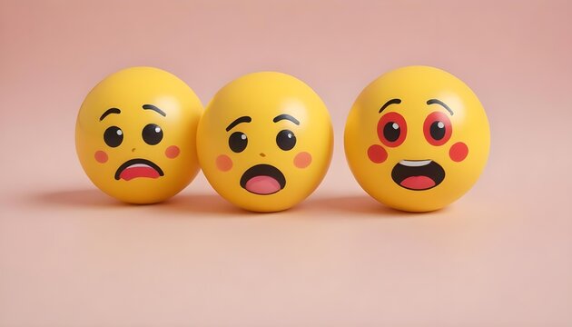 Three emoji balls with different facial expressions on a pink background.