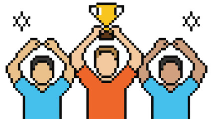 Pixel Art of Three People Holding Up a Golden Trophy Together team