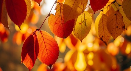 Obraz premium Vibrant Autumn Leaves in Warm Sunlight.