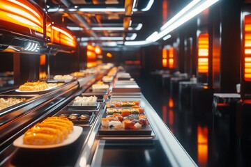 High-tech sushi restaurant with automated conveyor delivery