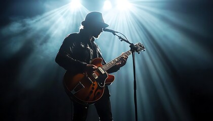 Fototapeta premium Silhouette Musician in Hat Playing Guitar Under Stage Lights on Transparent Background