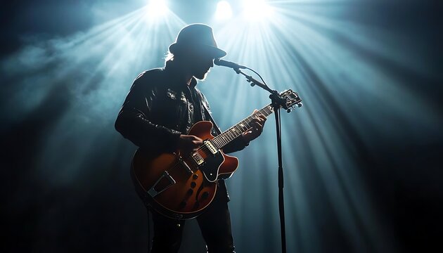 Silhouette Musician in Hat Playing Guitar Under Stage Lights on Transparent Background