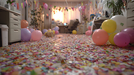 office confetti Year Cleanng floor New party after atermath air background baloon care celebration chaoschristmas cleaner containe corporate december decor irty enjoyment event.