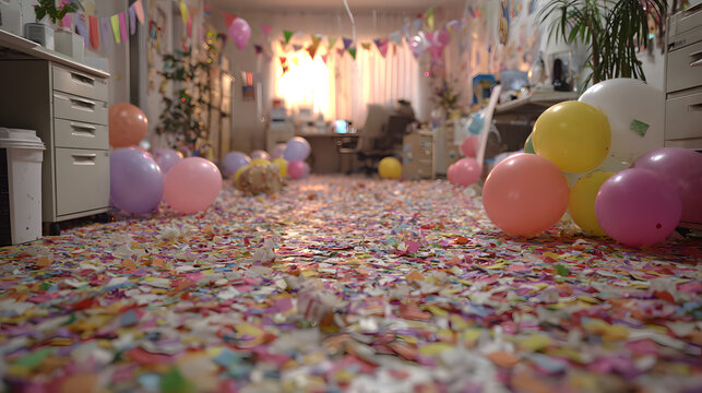 office confetti Year Cleanng floor New party after atermath air background baloon care celebration chaoschristmas cleaner containe corporate december decor irty enjoyment event.