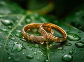 A pair of golden beautiful wedding rings resting on the edge of an emerald green leaf, surrounded by water droplets