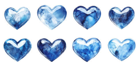 Set of blue hearts isolated on transparent background
