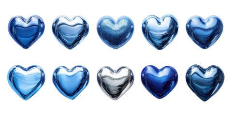 Set of blue hearts isolated on transparent background