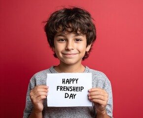 A young boy, smiling warmly, holds a sign that reads "Happy Fresheip Day," against a vibrant red background.