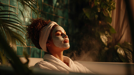 Woman relaxing in bathtub with face mask and eyes closed in bathroom