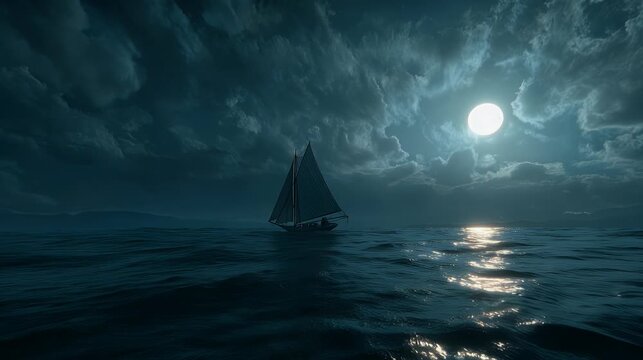 Sailboat glides across the sea under moonlight 