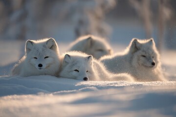 Naklejka premium Arctic foxes resting on a snowy winter landscape