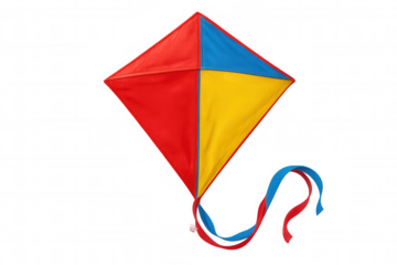 Red, yellow and blue kite flying on a transparent background, representing freedom, joy and outdoor activities