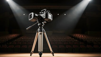 Professional Video Camera on Tripod Ready for Fashion Show Filming Runway Setup 3d rendering