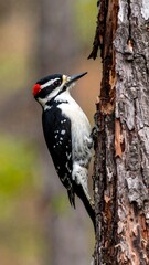 Woodpecker on a pine tree trunk