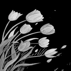 Elegant black and white artistic rendering of tulips swaying gently against a dark background