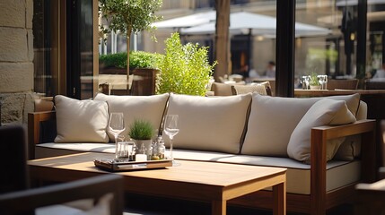 Stylish terrace with sofa, table, plants, and glasses in an outdoor cafe setting