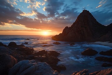 Sunset Seascape, Ocean Waves, Rocks, Coastal Mountain, Azure Sky with Clouds