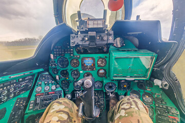 Old soviet Mi-24 military helicopter dashboard with old analog displays
