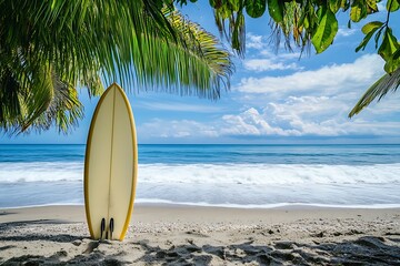 Surfboard Leaning on Sandy Beach with Palm Leaves in Tropical Seaside View