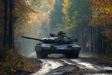 Tank Driving Muddy Road Through Autumnal Forest Landscape on Sunny day