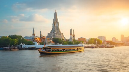 Temple of Dawn, Bangkok Riverside view, Chao Phraya River, Sunset, Thailand Skyline