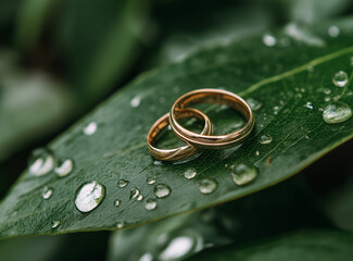 A pair of golden beautiful wedding rings resting on the edge of an emerald green leaf, surrounded by water droplets