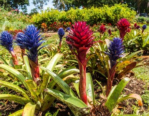 Vibrant blue and red bromeliads in a garden bed