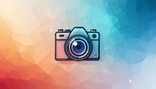 A stylized digital illustration of a modern camera, centered on a vibrant, abstract polygonal background with a gradient of warm orange to cool blue - Powered by Adobe