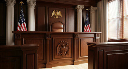Interior of a traditional courtroom with judge s bench american flags and ornate wood paneling