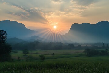 Tropical Mountain Landscape With Morning Sun Rays and Misty Forest Panorama