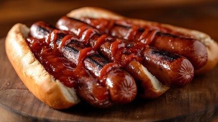 Two Grilled Hotdogs with Ketchup Topping Served on Buns on Wood Surface