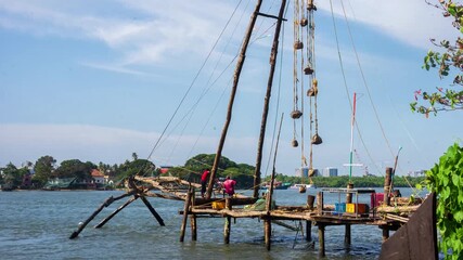 4K Hyperlapse timelapse footage of chinese fishing nets at fort kochi kerala India