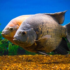 Two fish, one orange/tan, one dark gray/brown, in an aquarium