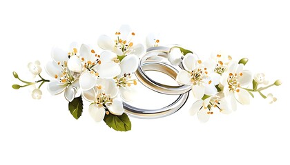 Two Wedding Rings nestled in White Blossoms with Leaves Isolated on White