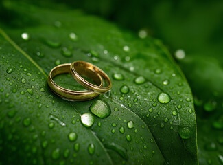 A pair of golden beautiful wedding rings resting on the edge of an emerald green leaf, surrounded by water droplets